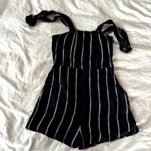 Billabong Linen Black and White Striped Romper with shoulder ties